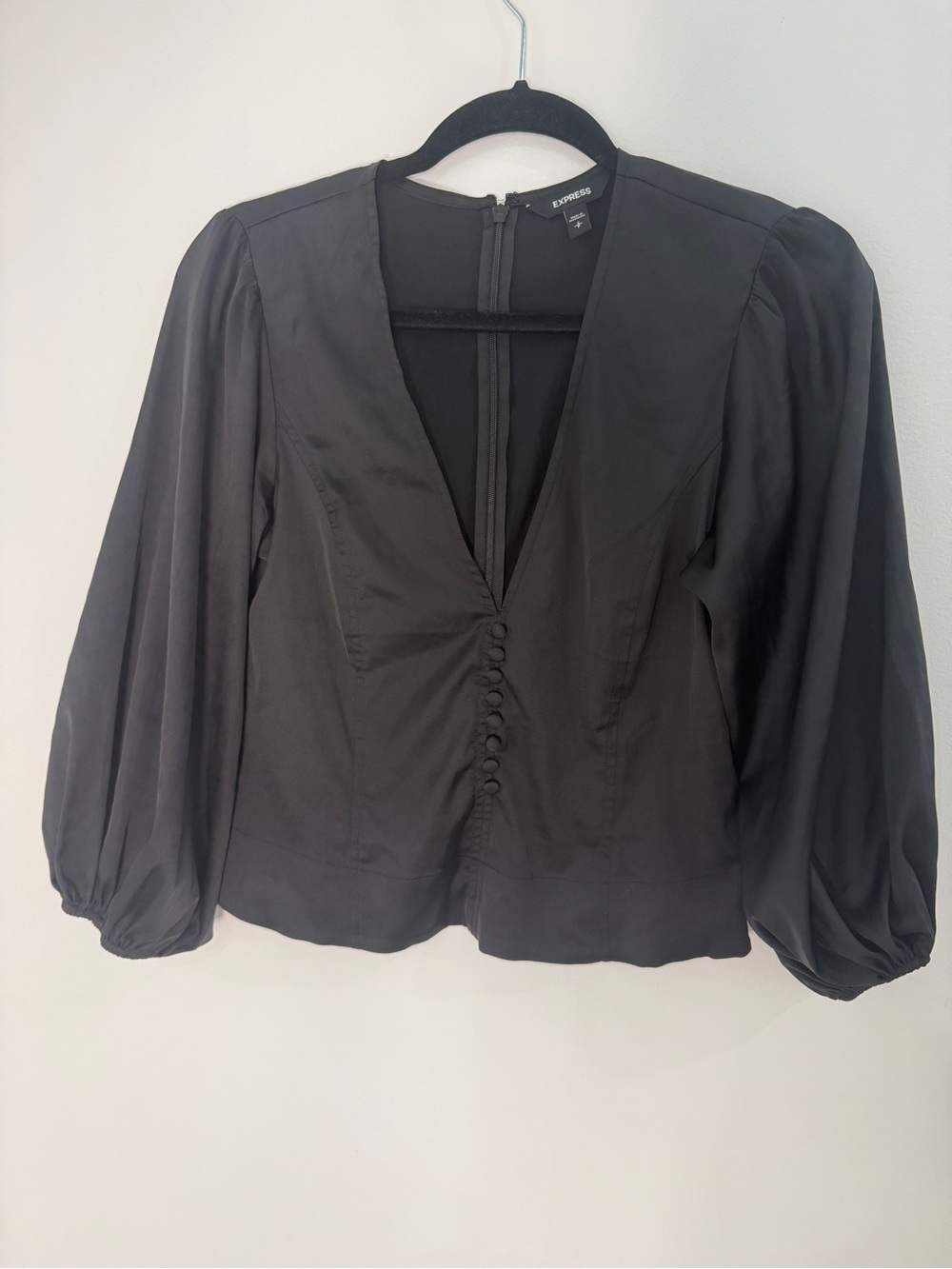 Express Satin Black V-Neck Button Front Blouse with Puff Sleeves